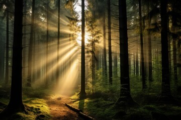 Obraz premium Golden sunbeams pierce misty forest canopy sunlight trees