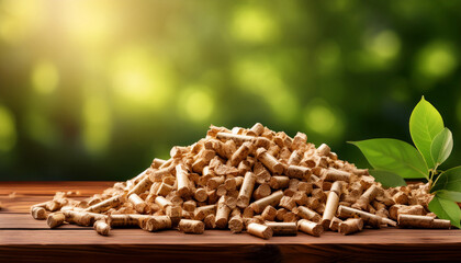 Obraz premium A Pile Of Wood Pellets Sits On A Wooden Surface Against A Blurred Green Background