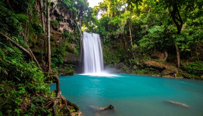 Powerful waterfall plunges into serene turquoise pool surrounded by lush green forest, creating tranquil and refreshing scene