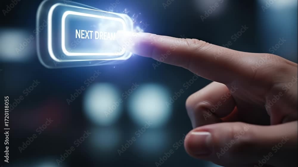 Poster hand pressing next dream glowing button - close-up of a finger pressing a glowing button that says 