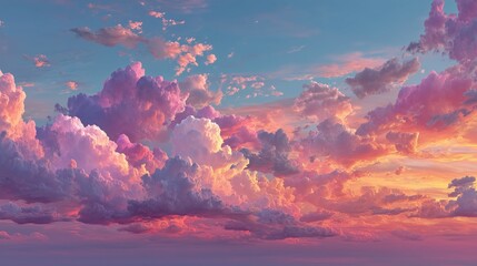 A breathtaking panorama of pink and orange clouds at sunset or sunrise. The soft gradient and dynamic shapes create an ethereal, dreamlike atmosphere