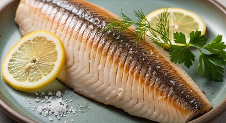 A plant-based seafood alternative resembling a fish fillet, garnished with lemon slices and herbs on a green plate. Ideal for vegan diets and ocean-friendly protein options.