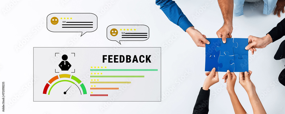Poster a dynamic overhead view of hands working together to solve a feedback puzzle, illustrating teamwork 