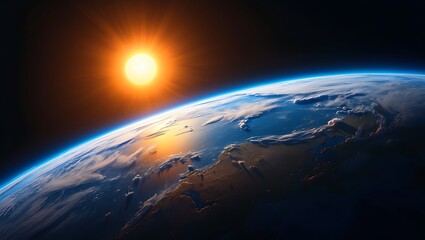 Vibrant sunrise over earth s curved horizon as seen from space with glowing sun and detailed continents illuminated by golden light