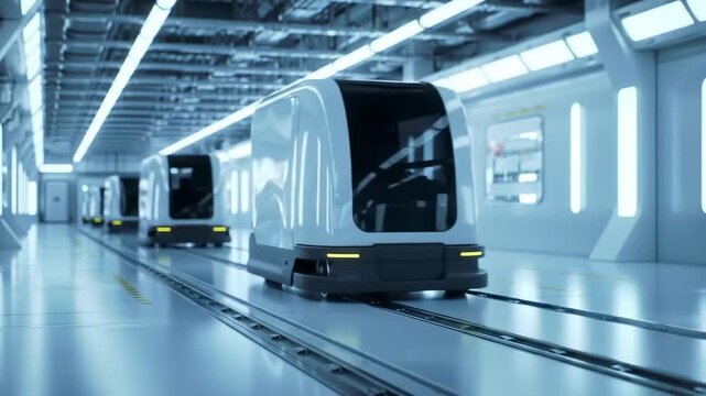 Futuristic transportation system in a sterile, white environment