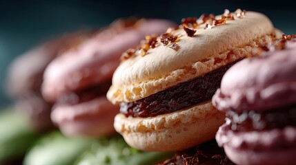 A close-up shot of a row of colorful macarons. The shallow depth of field focuses on a single macaron, highlighting its texture and delicious filling