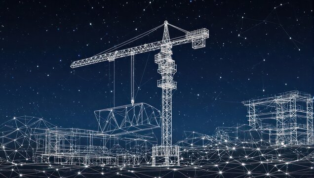 Stunning wireframe construction crane and building blueprint against starry night sky, symbolizing innovation and future development. - Powered by Adobe