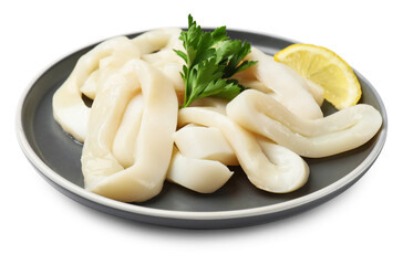 Raw squid rings, parsley and lemon isolated on white