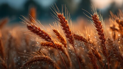 Golden wheat stalks glisten in the soft sunlight, embodying the beauty of nature's bounty.