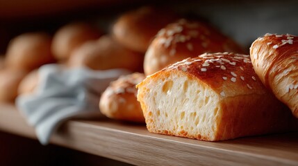 Freshly baked bread with a golden-brown crust and sesame seeds sits on a wooden shelf in a bakery. The soft, porous interior is visible, highlighting its homemade goodness