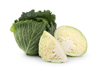 Whole and cut fresh Savoy cabbages isolated on white