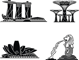Singapore's Iconic Landmarks Vector Collection: Merlion, Marina Bay Sands, Supertrees, and ArtScience Museum Silhouettes