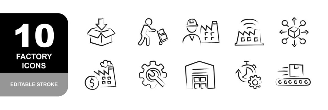 Smart Factory Icons Set – Editable Stroke Industrial Logistics Vector Collection