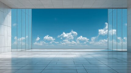 Modern interior with glass walls showcasing a stunning view of blue sky and clouds.