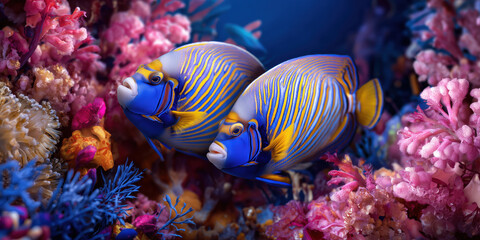 Obraz premium Vibrant tropical angelfish swimming among colorful coral reef