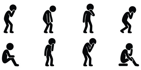 Stickman silhouette set of sad poses showing depression, stress, loneliness, and emotional sadness in sitting and standing position