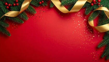Festive red background with fir branches, gold ribbon, and glitter evokes holiday cheer
