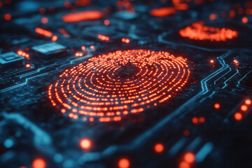 Computer circuit with red lights glowing.