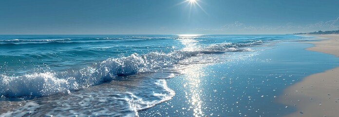 Serene beach scene with gentle waves and shimmering water under a bright sun.