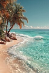 Serene beach scene with palm trees and clear blue water under a sunny sky.