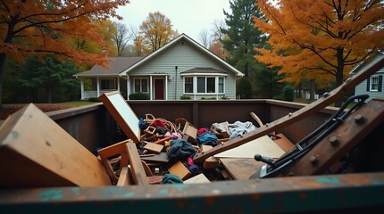 Autumnal scene of a residential dumpster overflowing with debris in front of a dilapidated house