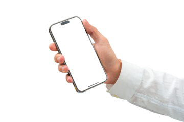 Hand showing smartphone with blank screen isolated.	