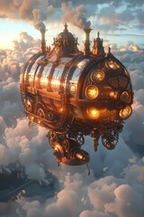 Steampunk airship soaring through clouds at sunset, showcasing intricate design and beauty.