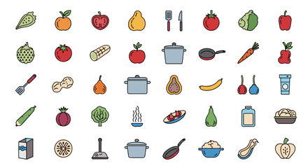 A colorful collection of healthy food items and kitchen utensils.