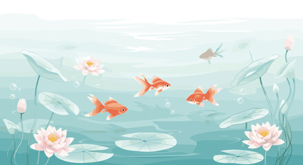 A serene underwater scene with goldfish swimming amongst lotus flowers and lily pads.