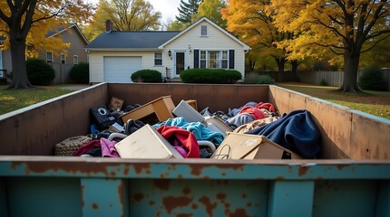 Residential dumpster overflowing with household debris and discarded items sits in front of a suburban home during autumn