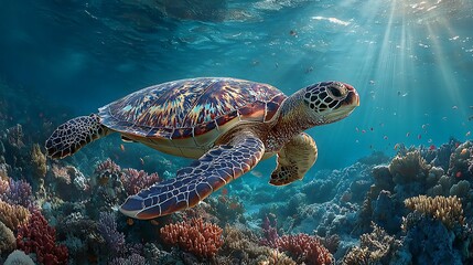 Obraz premium Sea Turtle Swimming Over Vibrant Coral Reef Underwater in Crystal Clear Ocean