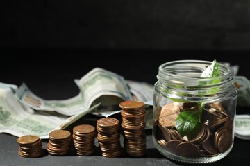 Glass jar with coins, sprout and banknotes on black table, closeup