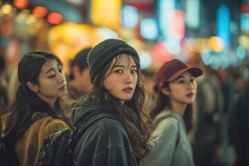 Three young women exploring a vibrant city nightlife, immersed in a lively crowd.