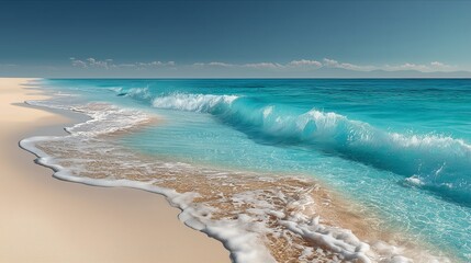 Tranquil beach scene with turquoise waves lapping against golden sands under a clear sky.