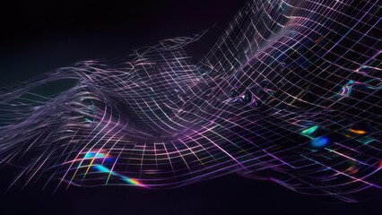 Abstract digital wave grid with vibrant iridescent light reflections creating a futuristic and dynamic cyberspace illusion