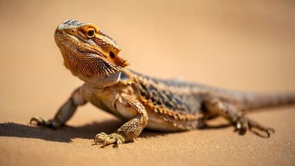 Fototapeta premium Bearded Dragon in Desert SandEditorial still-life photography of a bearded dragon lizard partially buried in desert sand, basking in soft golden light.