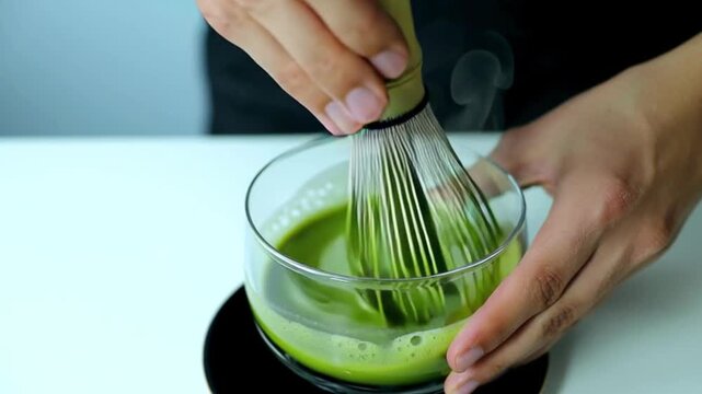 4K close-up of hands whisking traditional Japanese matcha green tea in glass bowl, symbolizing mindfulness, culture, ceremony, organic drink, antioxidant health, and natural lifestyle concept