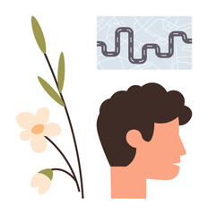Minimalist human side profile with floral branch beside it and winding road map, symbolizing personal growth, direction, nature connection, mindfulness, life journey, self-reflection, mental clarity
