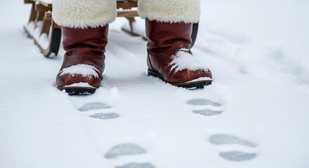 Winter journey footprints in snow from person pulling sled holiday season outdoors