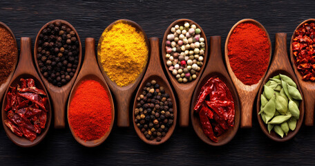 Assorted colorful spices in wooden spoons on dark background
