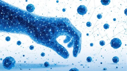 Dynamic blue digital hand shaping interconnected data points and abstract geometric shapes in a futuristic cyberspace