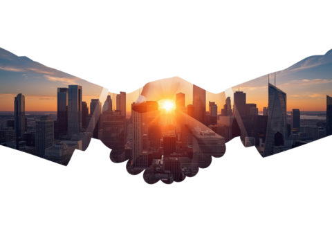 Urban handshake silhouette symbolizing business partnerships and deals, overlaid with a scenic - Powered by Adobe