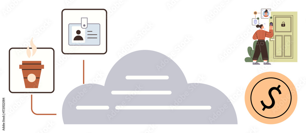 Poster cloud with linked id badge, coffee cup, secure door, and currency icon. ideal for security, data man