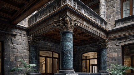 Antique stone column of a old building close-up