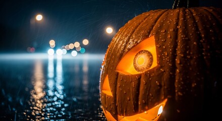 Eerie jack-o'-lantern glowing in the rainy night. Perfect for Halloween cards, spooky event promotions, or autumnal themed projects. Moody, evocative design element.