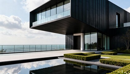 Fototapeta premium Modern dark monolithic building with glass and cantilever, reflected in pool.