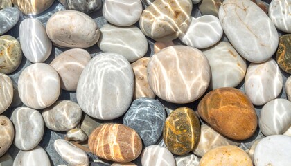 Smooth river pebbles with varied colors and patterns under clear water create serene and natural scene