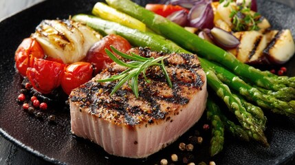 Grilled tuna steak with vegetables served on black plate. Freshly cooked delicious and healthy food for restaurant fish meal menu