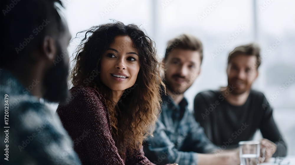 Poster a diverse team collaborates and discusses ideas around a table in a modern bright office setting