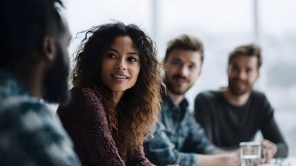 A diverse team collaborates and discusses ideas around a table in a modern bright office setting